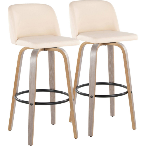 Toriano 30" Swivel Bar Stool in Light Grey Wood & Cream Leatherette w/ Black Footrest (Set of 2)